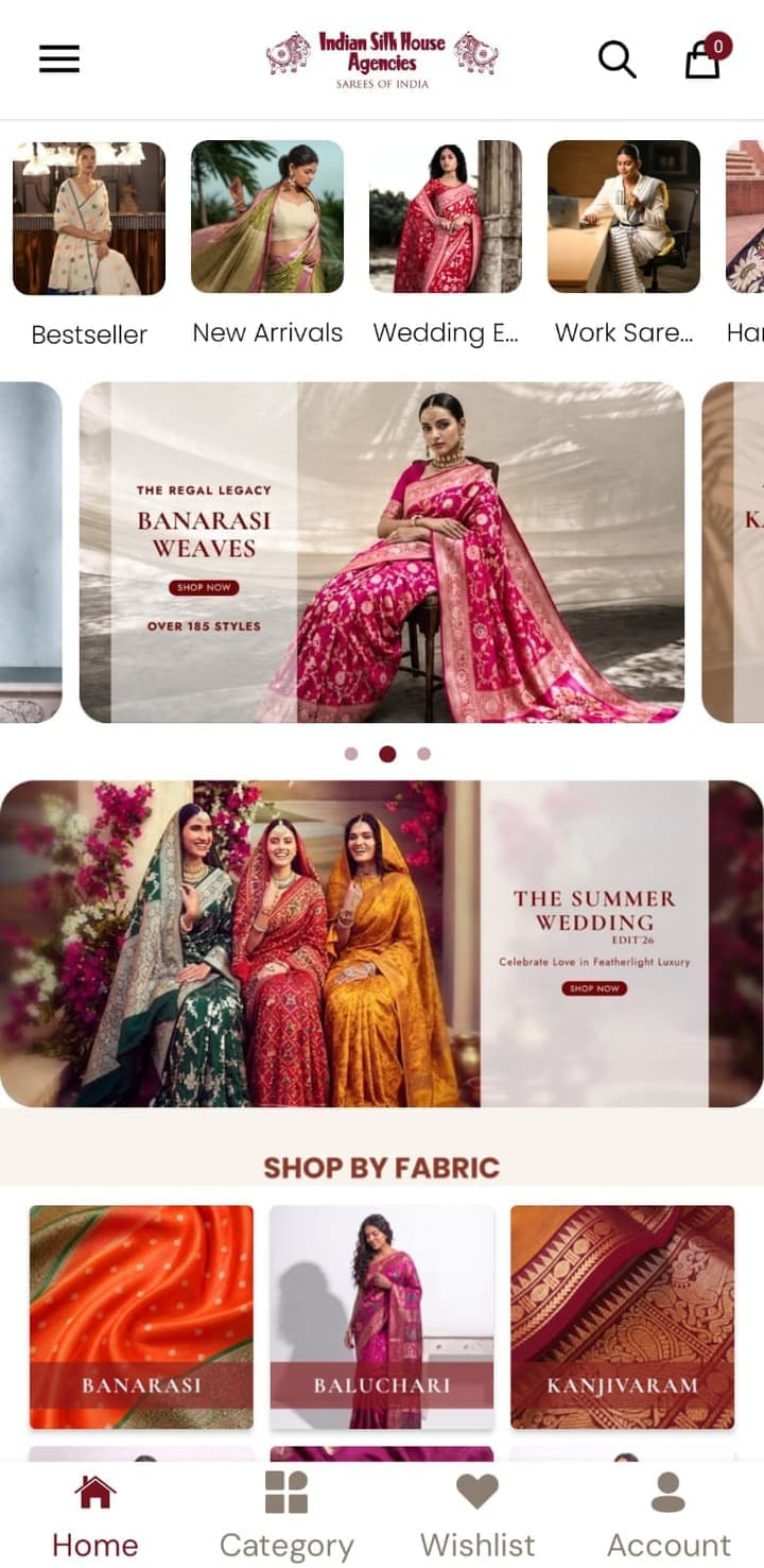 Indian Silk House Agencies app home screen with category tiles, saree campaigns and the shop-by-fabric grid