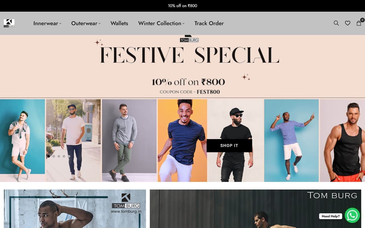 Tom Burg homepage showing the festive campaign banner above the innerwear and outerwear navigation