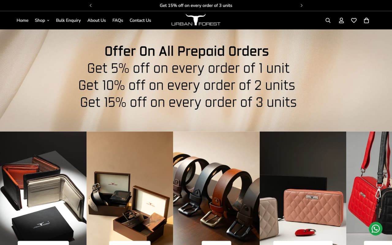 Urban Forest homepage showing the prepaid offer banner above wallets, gift boxes, belts and bags