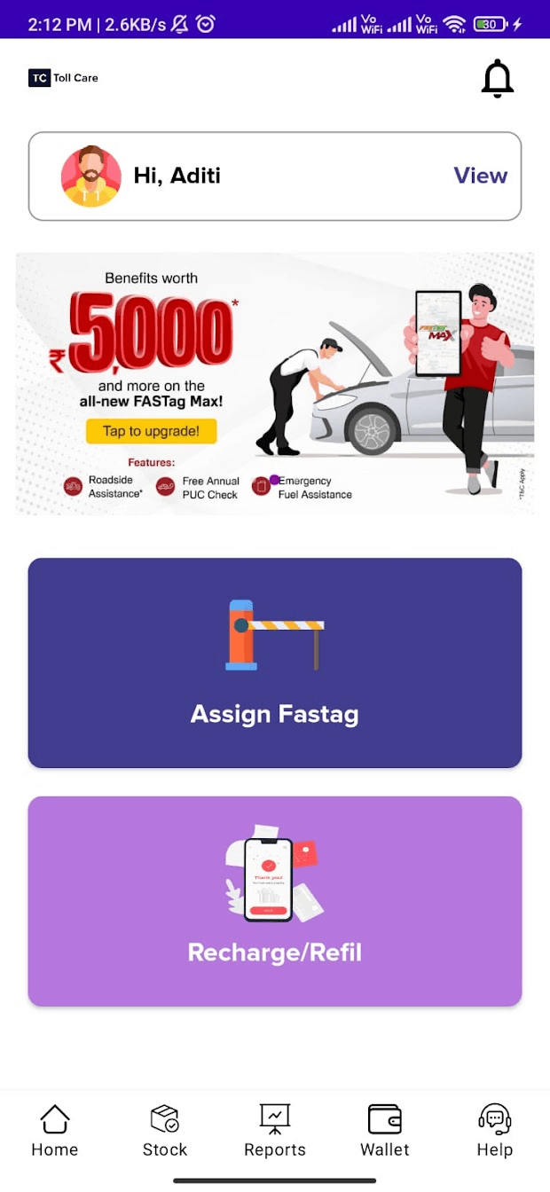 Toll Care Assistant home screen, showing the Assign FASTag and Recharge or Refill actions