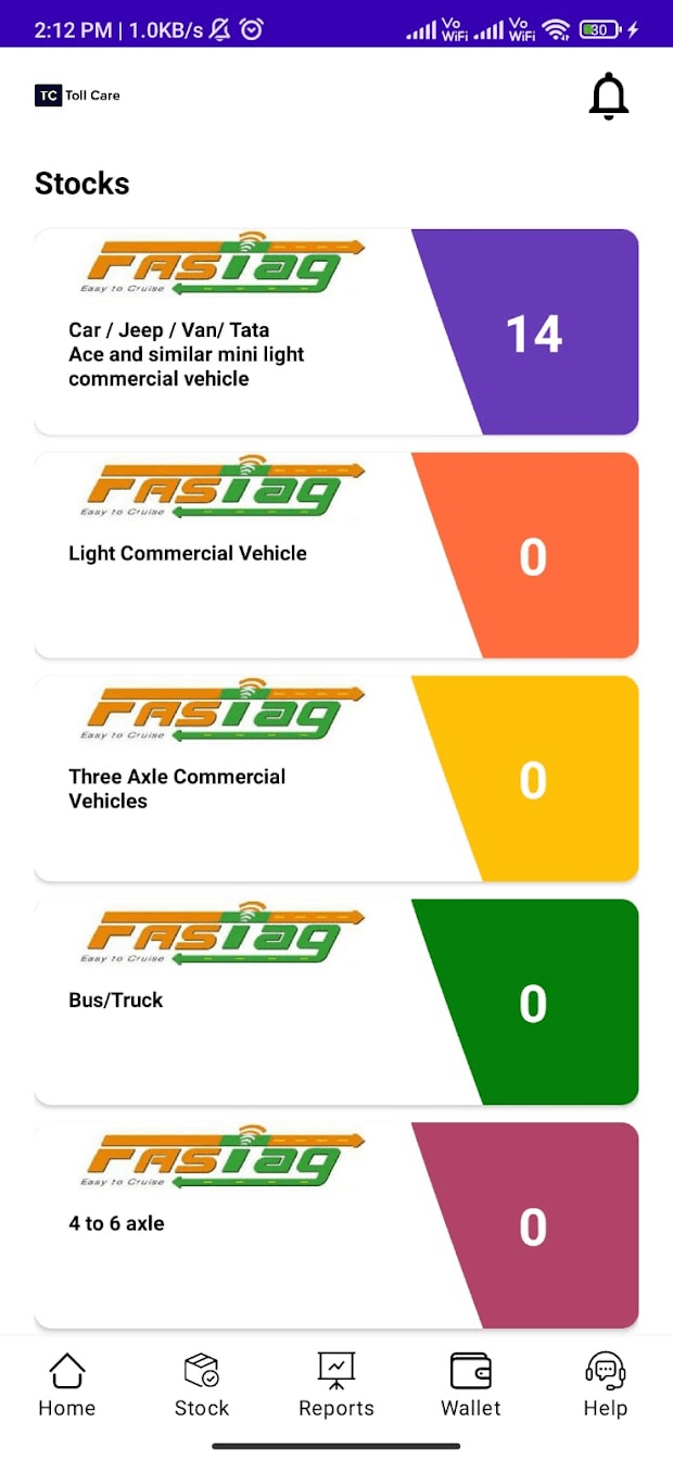 Toll Care Assistant stock screen, listing available FASTag inventory by vehicle class